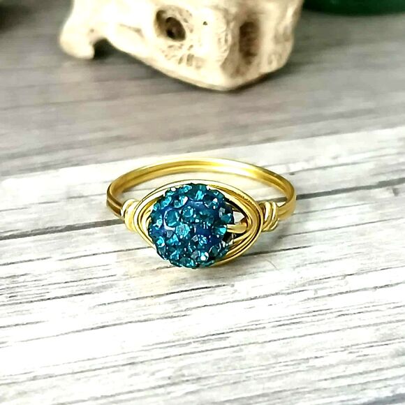Blue Rhinestone Beaded Ring, Wire Wrapped, Stackable Statement Ring, Size 8 - Picture 1 of 2